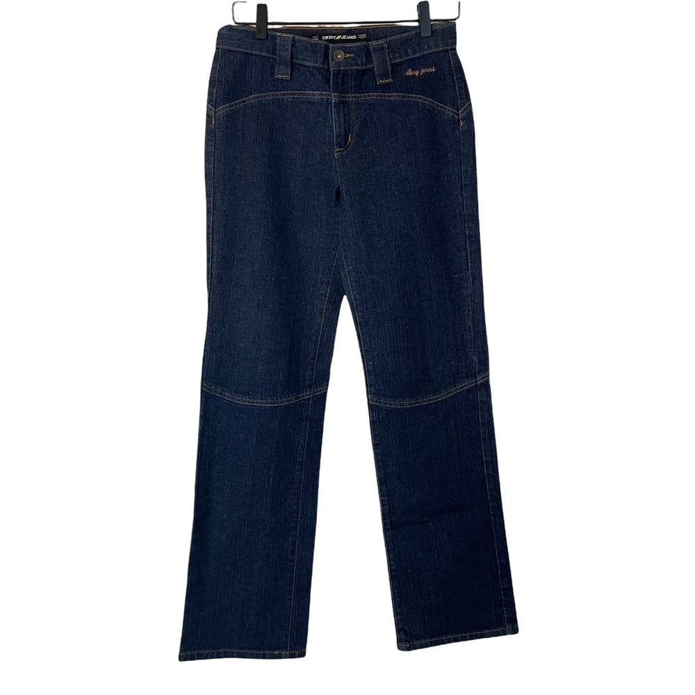 DKNY Vintage 80's look straight dark wash jeans with gold seams and no p…